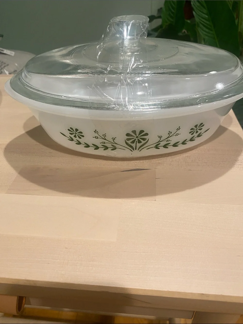 Vintage White Casserole Dish with Green Floral Pattern - Bakeware
